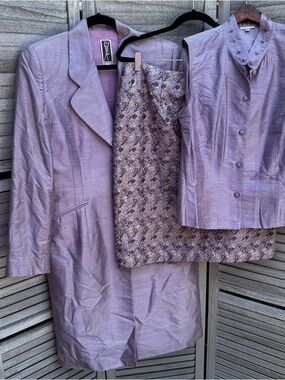 Zelda Vintage 3 Piece Silk Suit Lavender Dupioni Brocade Skirt Size 14 Made USA
